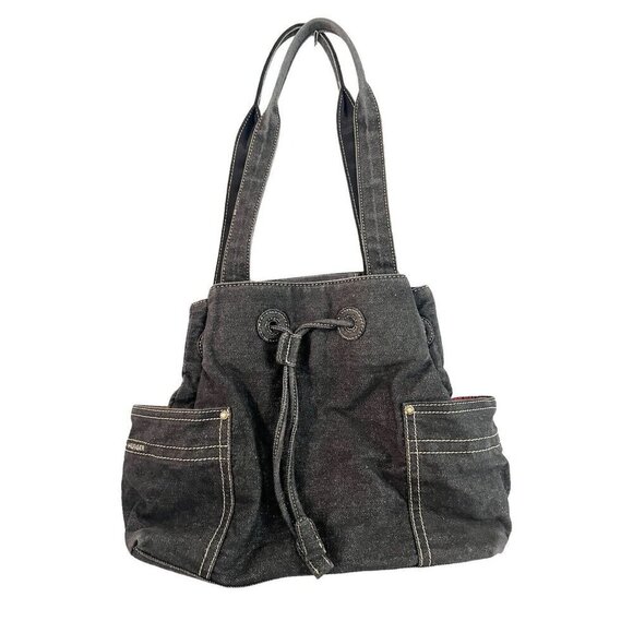 Tommy Hilifiger Denim Drawstring Bucket Style Shoulder Bag Y2K 00s Gray Black - Picture 1 of 13